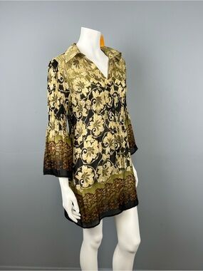 Vintage Sunny Leigh Women's Olive and Black Sheer V-Neck Tunic Top or Dress